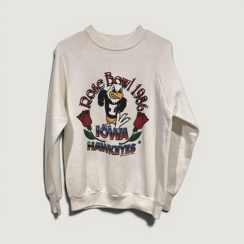 Vintage Iowa Hawkeyes Sweatshirt Mens M White Football Rose Bowl 1986 Jerzees